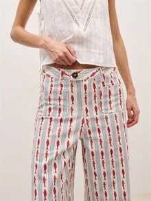 Nöista 鱼条纹印花阔腿裤，中腰设计，纽扣门襟，前口袋。适合春季、夏季和复活节穿着。 - 杏色 - 查看 6