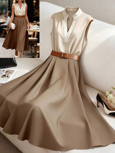 GlowEve 女士翻领V领撞色设计二合一收腰A字优雅连衣裙，适合日常、度假、通勤、时尚约会、法式街头风、复古百搭风，无袖，新款春夏中长款