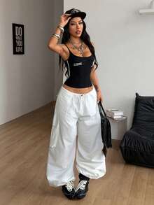 Coolane Women's Y2K Streetwear Number Pattern Contrast Piping Halter Top - Black - View 2