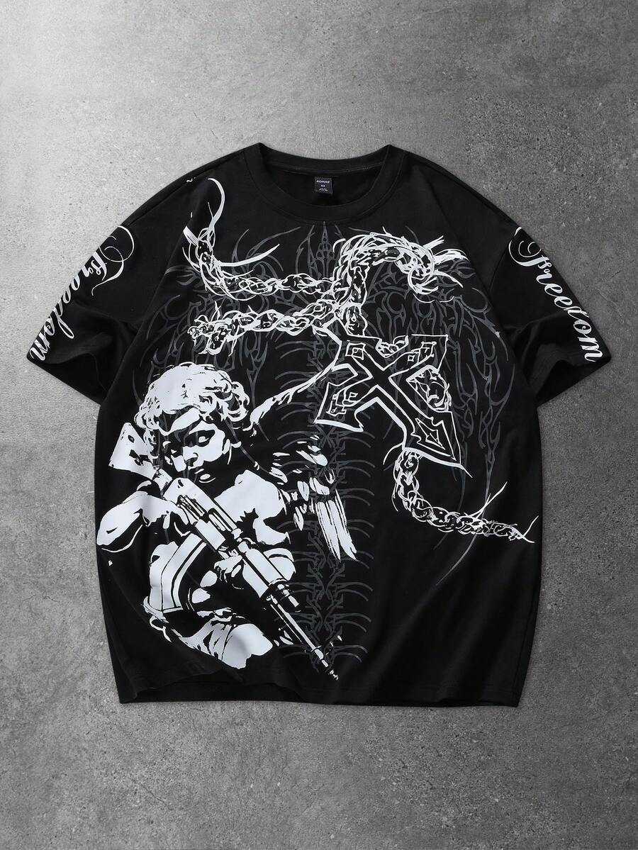 ROMWE MEN Camiseta de manga corta de cuello redondo con estampado de letras de ángel, de uso casual y versátil para uso diario para hombres - Negro - Ver 1