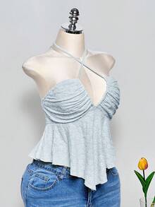 SHEIN ICON Plus Size Criss-Cross Halter Backless Jacquard Yellow Crop Top, Suitable For Summer, Vacation, Y2K - Baby Blue - View 5