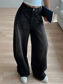 Dazy Tall Tall Women's Relaxed Fit Straight Leg Jeans, Casual Streetwear Fashion For Daily Commute - Black - View 5