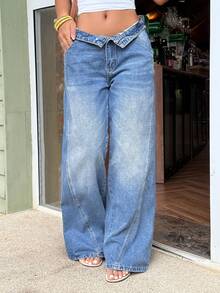 Sunnyshic Women's Pocket Button Casual Versatile Daily Wear Wide Leg Jeans - Blue - View 6