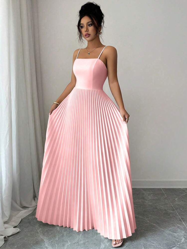 Elenzga Women's Solid Color Pleated Elegant Waist Cinched Long Strap Dress, Suitable For Dates And Parties - Pink - View 6