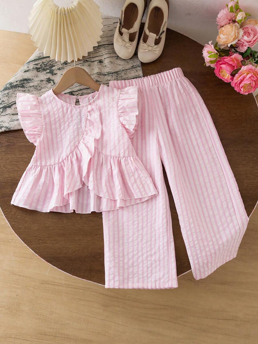 Elladie kids Young Girl (Small) Cute Ruffle Hem Asymmetrical Hem Design & Bow Print Casual Pants Set - Pink - View 1
