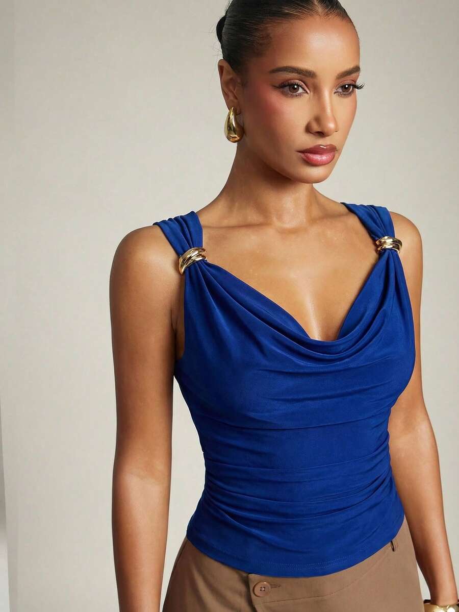 Hauture Women's Basic Casual Office Ruched Shoulder With Gold Decor Cowl Neck Top - Navy Blue - View 1