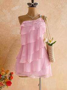 SHEIN WYWH 女士纯色荷叶边单肩无袖迷你连衣裙 - 粉色 - 查看 3