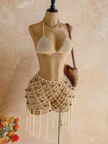 Soleia Beach Style Hollow Knit Camisole Top + Mini Skirt Set - Khaki - View 7