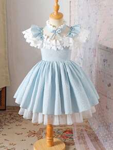Glamorique Kids 女童藍色葉片花卉洋裝，分層泡泡袖公主裙，優雅高端童裝，夏季新款 7 歲生日秋季穿搭 - 藍色 - 查看 3