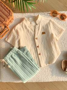 SHEIN 2件套婴儿/男婴休闲可爱短袖衬衫和裤子套装，春夏装 - 綠色 - 查看 6