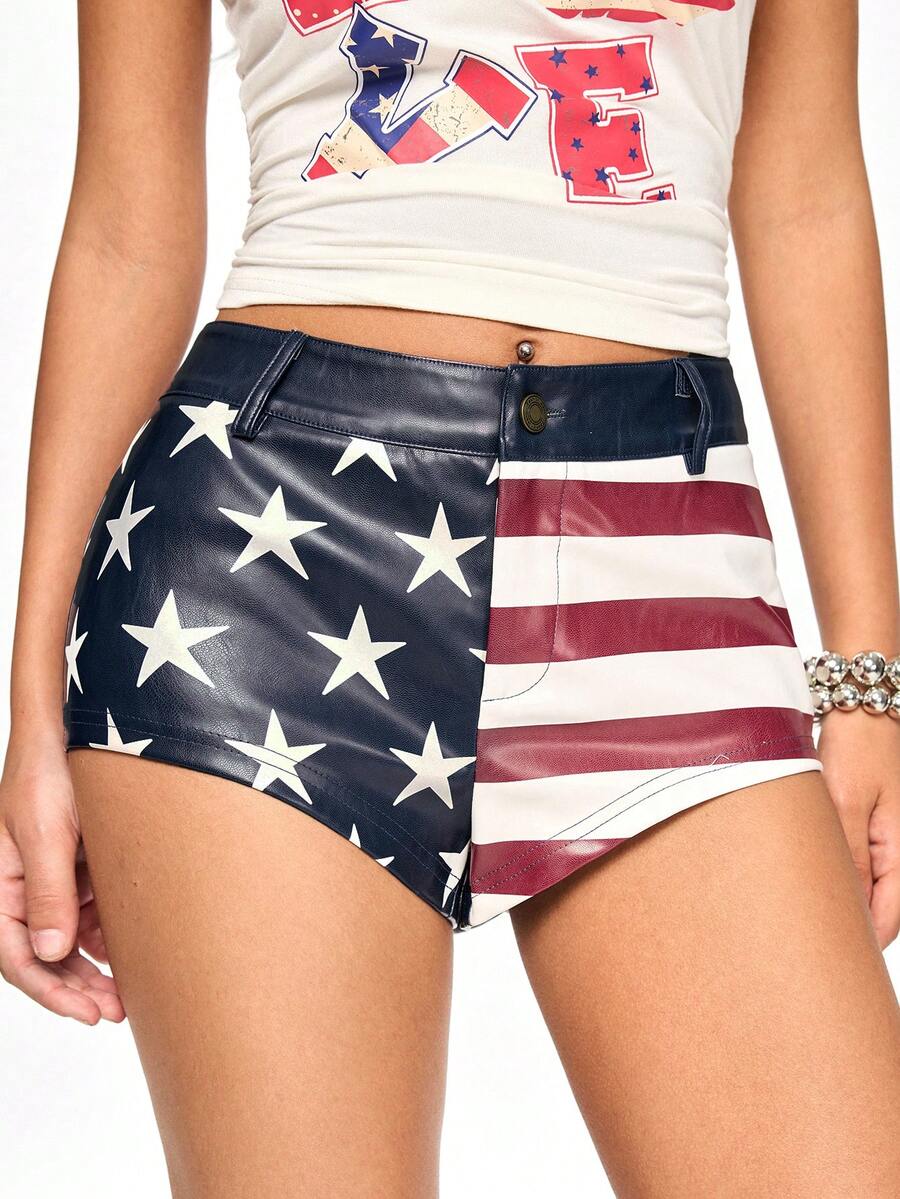 ROMWE Grunge Punk Y2K Baddie American Flag Low-Rise Mini Super Short Leather Pants - Multicolor - View 1