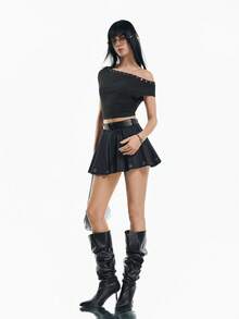 Airlisse Chân váy ngắn xếp ly khoét rỗng, cài nút, gợi cảm, màu đen - màu đen - Xem 4