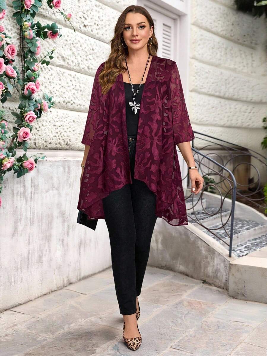 Miaspire Áo khoác nữ cỡ lớn tay lửng 3/4, kiểu dáng thường ngày, chất liệu jacquard, thích hợp cho kỳ nghỉ thu/đông. - Màu Đỏ Sâu - Xem 1
