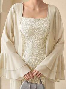 Modelyn 女士春夏雪纺喇叭长袖开衫优雅外套和绿色提花无袖系带A字连衣裙两件套 - 杏色 - 查看 6