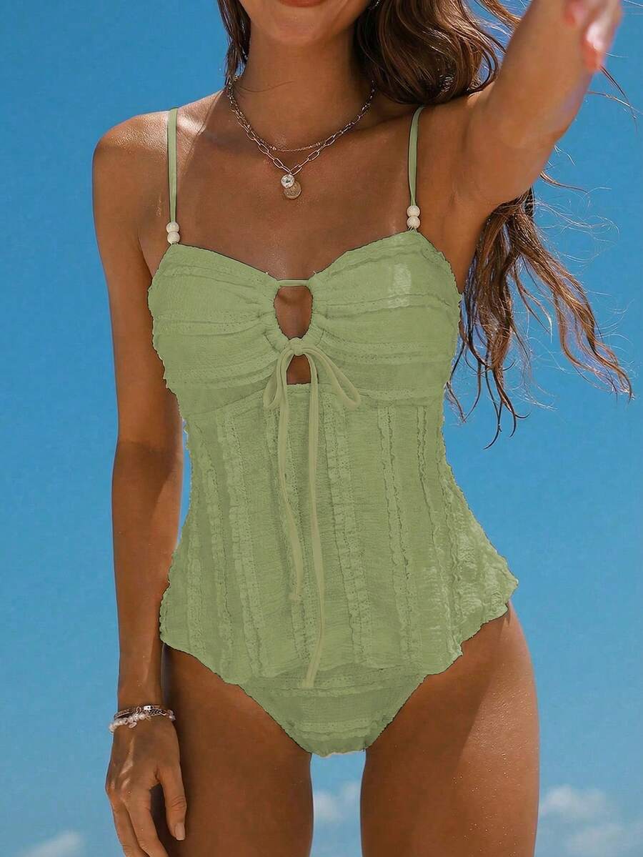 Swim Mod Women's Solid Apricot Textured Fabric Beaded Decor Camisole & Bikini Set, Suitable For Summer Beach & Vacation - Mint Green - View 1
