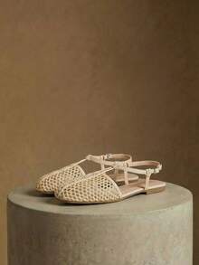 Styleloop 女士鞋履 假日风编织鞋 面条带女士平底鞋 假日风穿搭 波西米亚风穿搭 美式复古风 波西米亚风 西部风 音乐节穿搭 派对穿搭 平底女鞋 - 米色 - 查看 1