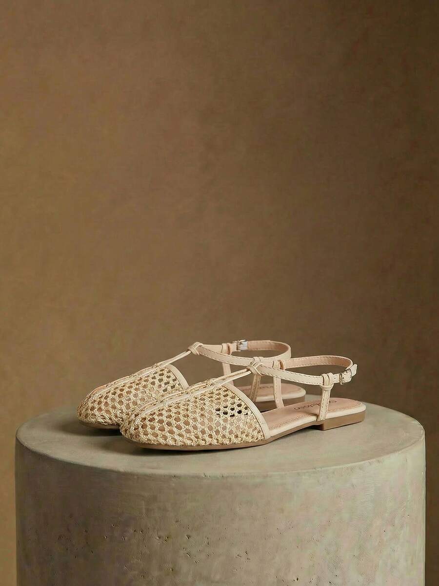 Styleloop 女士鞋履 假日风编织鞋 面条带女士平底鞋 假日风穿搭 波西米亚风穿搭 美式复古风 波西米亚风 西部风 音乐节穿搭 派对穿搭 平底女鞋 - 米色 - 查看 1