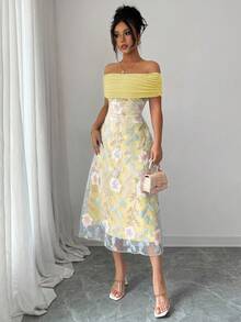 Modelyn 女式网眼拼布涤纶针织刺绣露肩荷叶边简约性感夏装 - 黃色 - 查看 4