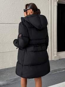 Hooded Long Padded Coat With Clean Quilted Construction, Crafted For A Bold Y2K Silhouette - Black - View 2