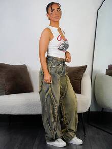 SAYEHFBABY 女士宽松版型口袋毛边阔腿休闲牛仔裤 - 彩色 - 查看 5