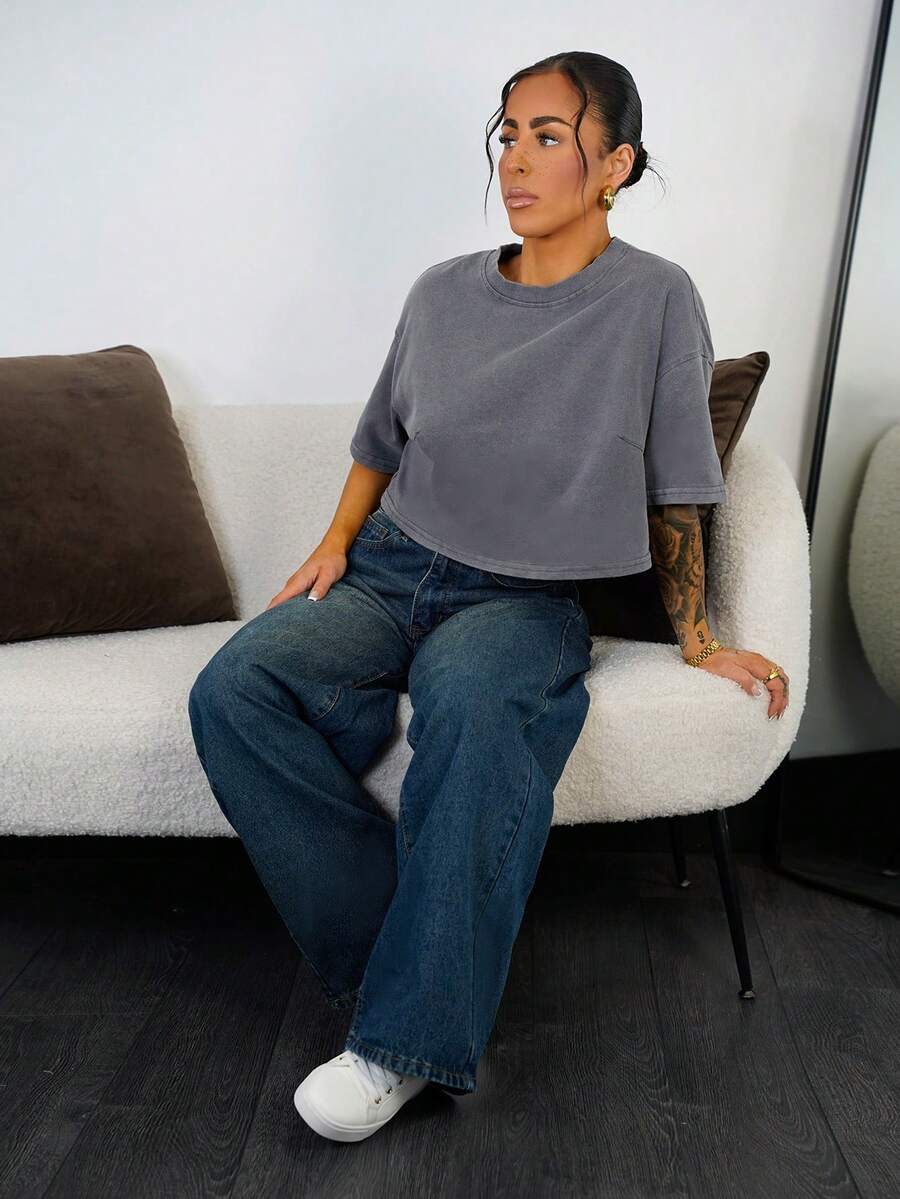 SAYEHFBABY 女式宽松水洗蓝阔腿牛仔裤 - 深色水洗藍 - 查看 1