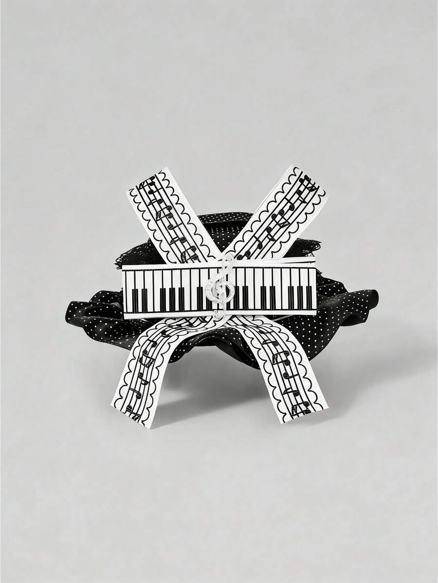 ROMWE 1 Piano Note Pattern Bow Hairpin, Cute Sweet Style Black Polka Dot Top Hat Duckbill Clip, Handmade Lolita Tea Party Hair Accessories Hairpin - Black and White - View 1