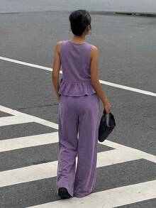 Muchica Bộ đồ nữ cổ chữ V nhuộm màu tím nhạt kiểu vintage gồm áo tank top và quần dài, thích hợp cho mùa hè. - Màu tím - Xem 2