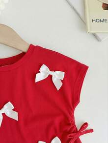 SHEIN LMoss Kids 女婴可爱休闲百搭白色蝴蝶结针织短袖上衣，夏季 - 紅色 - 查看 5