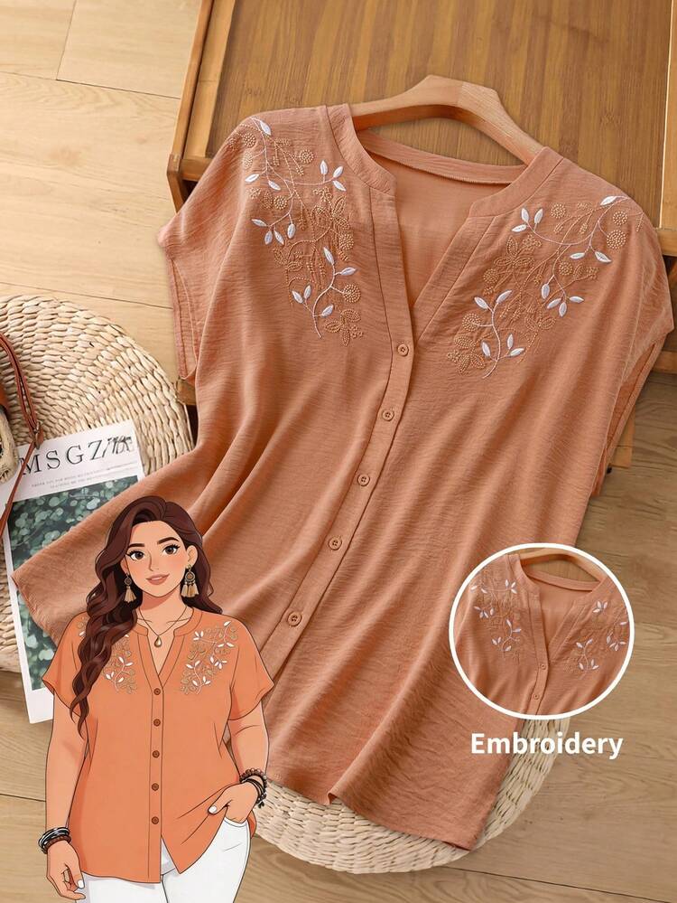 Plus Size Women's Bohemian Style Printed Button Embellished Short Sleeve Shirt For Spring And Summer\Vacation Summer Tops Summer Outfits Summer Clothes  Spring  Spring Outfit Women Spring Clothes Country Style For Women Vacation Outfits Women
