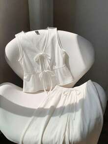 Comfortcana 95%纯棉纯白针织V领系带无袖衬衫和裤子两件套女士休闲套装 - 夏季度假、波西米亚风、节日、优雅春夏装 - 彩色 - 查看 4