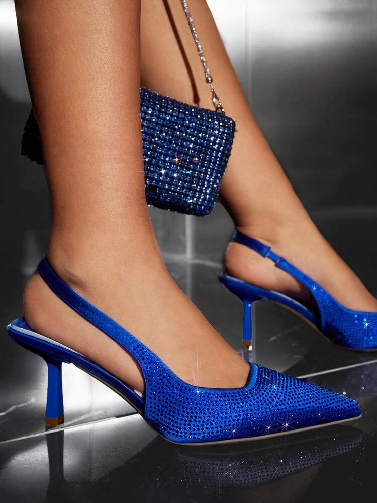 CUCCOO CHICEST Woman Shoes Rhinestone Decor Point Toe Slingback Royal Blue Pumps For Summer Vacation Shoes Summer Christmas Fall New Year Holiday Wedding Shoes Summer Shoes Bride Shoes