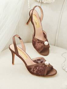 CUCCOO HITCHD Damen Schuhe mit rundem Zehenbereich, dünnem Absatz, Spitze, Mesh, Perlen, Peep-Zehen, Slingback, Damen High Heel Sandalen, Mode, Eleganz, Party, Hochzeit Sandalen, Damen Hochzeitsschuhe - Hellgrau - Übersicht 2