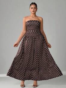 SHEIN Tall CURVE Vestido de verano con estampado de lunares, sin tirantes y ajustado para tallas grandes - Marrón - Ver 9