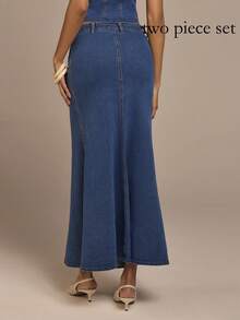 COSMINA Women's Elegant Sleeveless Regular Fit Denim Suit, Suitable For Commuting, Outing, Dating, And Daily Wear In Early Spring - Medium Wash - View 7