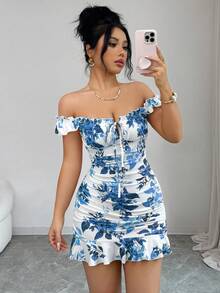 Selianne Vestido mini ajustado con estampado floral, elegante y sexy con volantes franceses, para verano - Azul - Ver 6