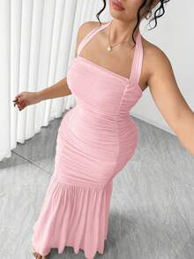 Elenzga 大码女式法式复古秋季针织弹力网纱褶皱腰部纯色吊带长裙，适合秋冬季、返校季、毕业典礼、情人节、圣诞节、音乐节、母亲节、万圣节、感恩节、复活节、国庆节、舞会、约会派对、婚礼季、返校季、户外活动等场合 - 粉色 - 查看 6