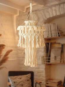 1PC Bohemian Style Tassel Pendant Decor Woven Rope Lampshade Cover Ceiling Light Fixture Decoration Charm Hanging Ornament For Living Room Bedroom Nursery Wedding Party Home Decor Accessory Handmade No Light Included - Ivory - View 1