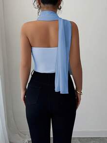 Elenzga Elegante top tubo plisado de malla para mujeres - Azul - Ver 2