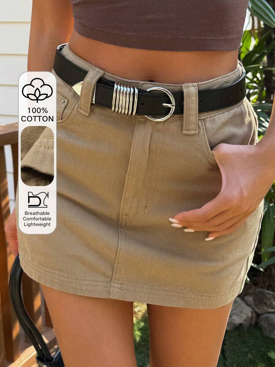 DAZY Women's Regular Waist Super Short Street Casual Washed Denim Mini Skirt Y2k - Khaki - View 1