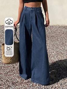 Dazy Tall Tall Women's Striped Fabric Pleated Loose Vacation Style Long Jeans - Medium Wash - View 1