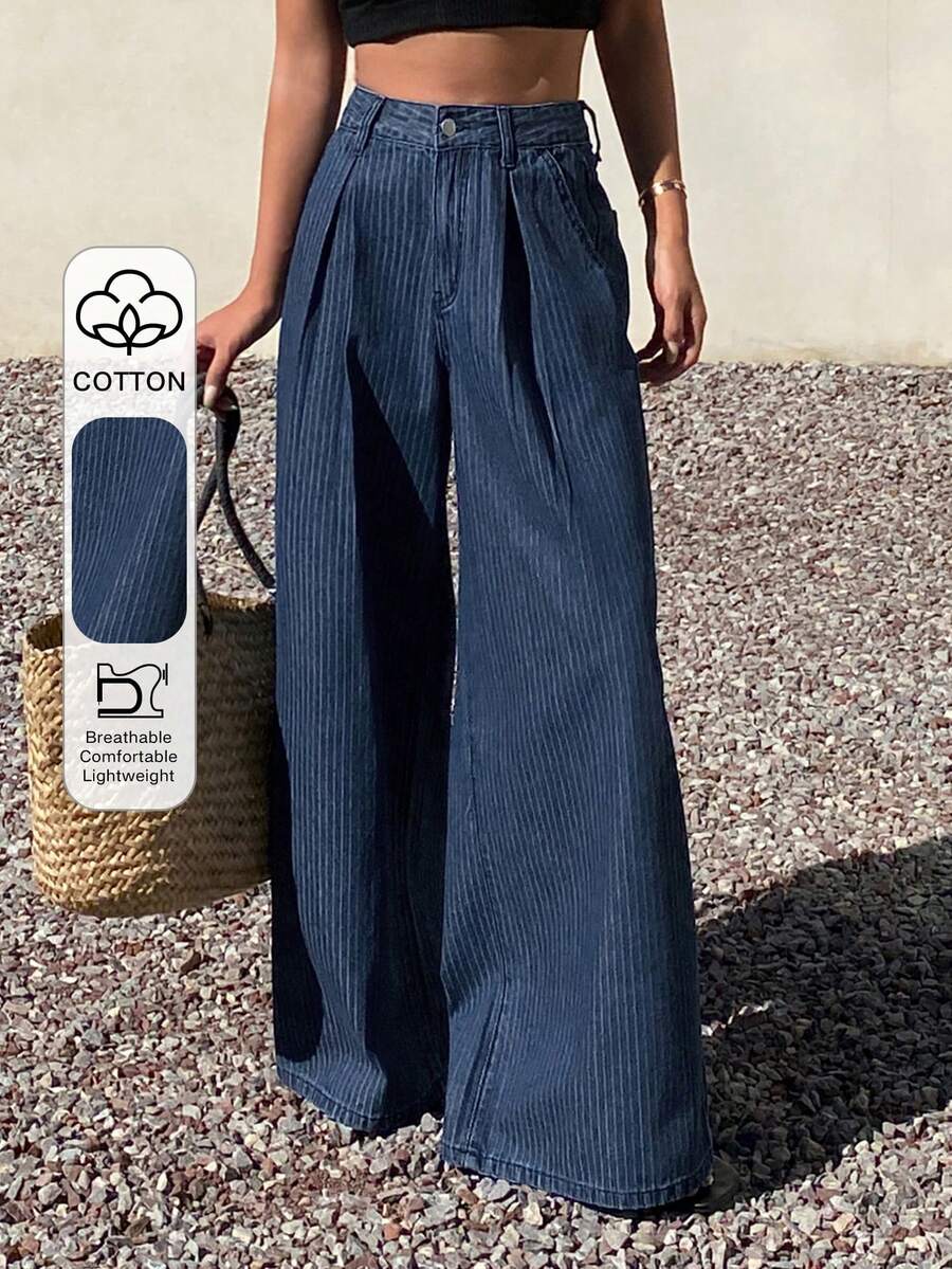 Dazy Tall Tall Women's Striped Fabric Pleated Loose Vacation Style Long Jeans - Medium Wash - View 1
