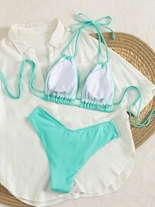 Swim Chiccia Set Pakaian Renang Bikini Seksi Wanita Musim Panas Warna Polos dengan Tali Leher untuk Pantai - Mint Green - View 2