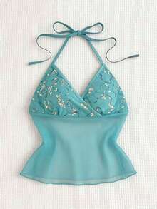 Elamini Camiseta de tirantes de mujer con lentejuelas azul claro bordadas en malla, estilo sexy y casual para vacaciones, primavera/verano - Azul - Ver 1