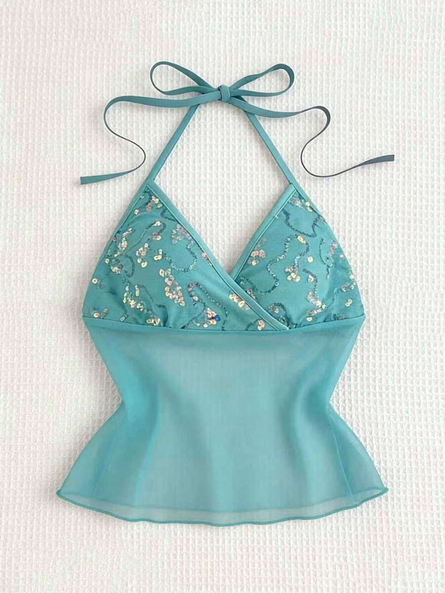 Elamini Camiseta de tirantes de mujer con lentejuelas azul claro bordadas en malla, estilo sexy y casual para vacaciones, primavera/verano - Azul - Ver 1