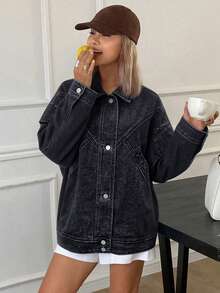 Livesso 女士休闲牛仔外套，翻领设计，荷叶边装饰，适合春、秋、冬季穿着。 - 深色水洗藍 - 查看 4