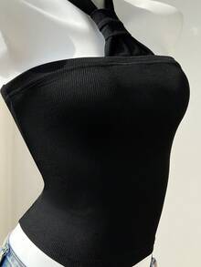 Elamini 女士无袖吊带露背上衣，显瘦，黑色，春夏款 - 黑色 - 查看 5