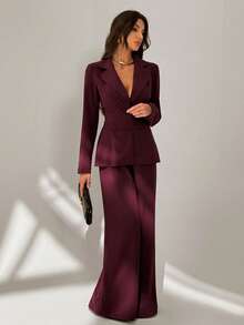 SHEIN Tall Bộ đồ hai mảnh dành cho nữ, bộ vest quần màu đỏ tía. - Màu đỏ tím - Xem 5