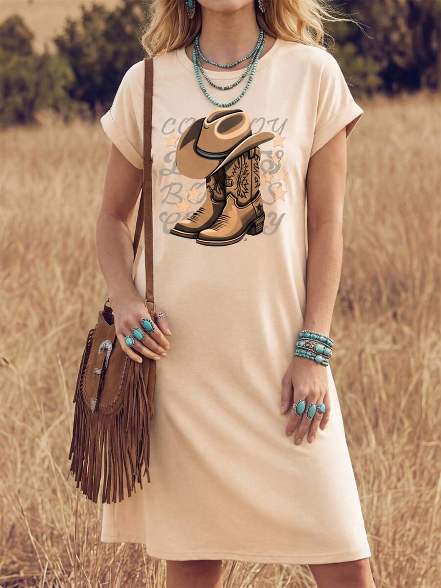 Wildy 女士休闲宽松西部靴帽图案圆领短袖连衣裙，适合夏季乡村音乐节等场合，时尚休闲。 - 杏色 - 查看 1