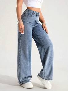 SHEIN Jeanoir Women's High Waist Pockets Wide Leg Loose Casual Denim Jeans - Medium Wash - View 6