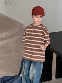 DAZY 男童条纹圆领休闲日常短袖T恤 夏季 - 卡其色 - 查看 5